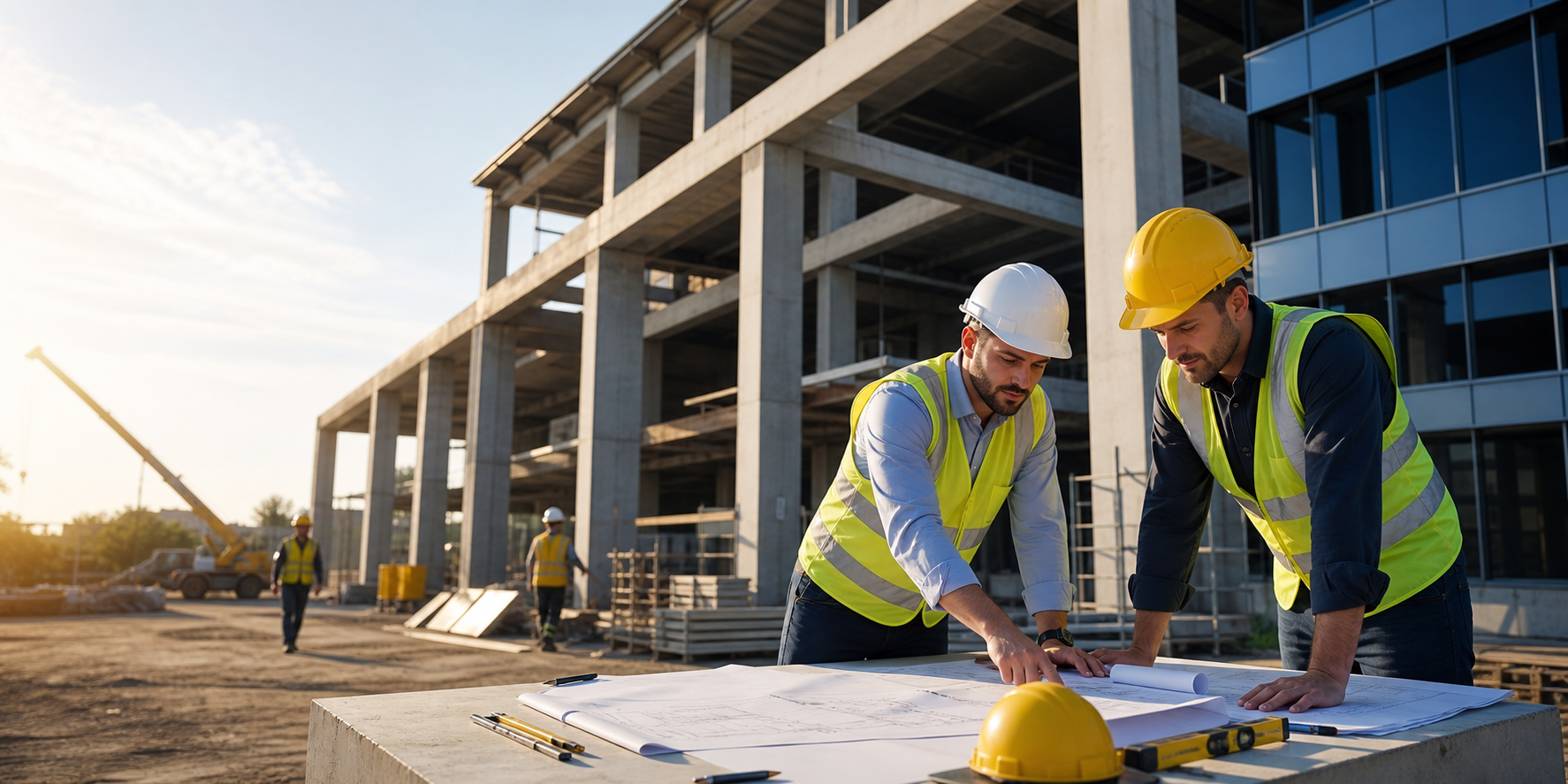 Equipo de construccion trabajando en una obra moderna